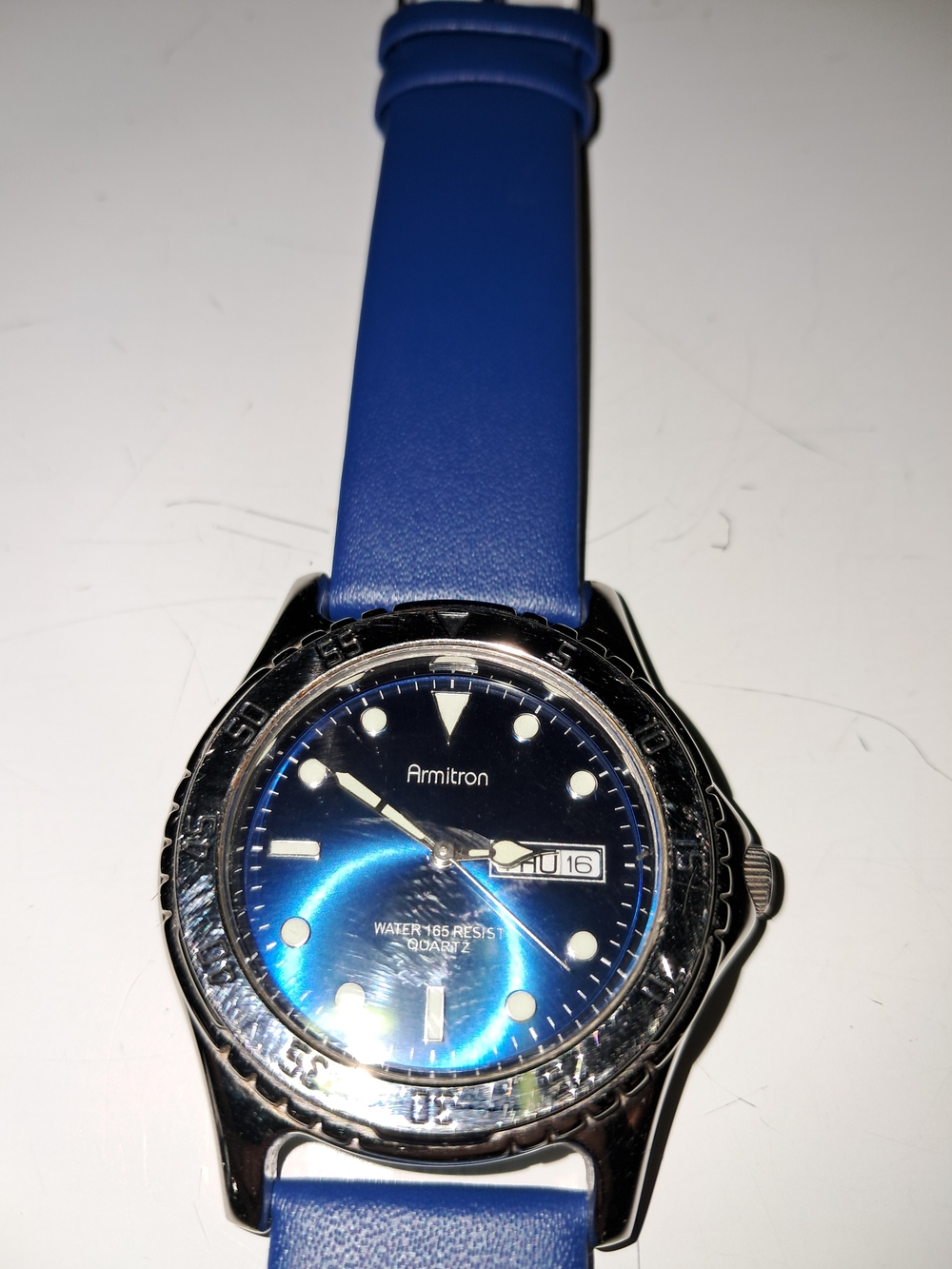 Armitron Blue Dial Day/Date Stainless Watch with Blue Leather Strap